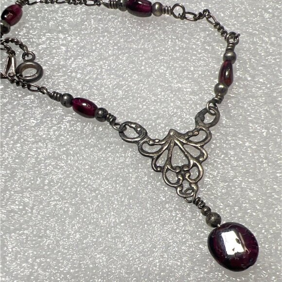 Italian Sterling Silver 925 18" Filigree Necklace Garnet Cabochon Drop KM Maker - Picture 2 of 14